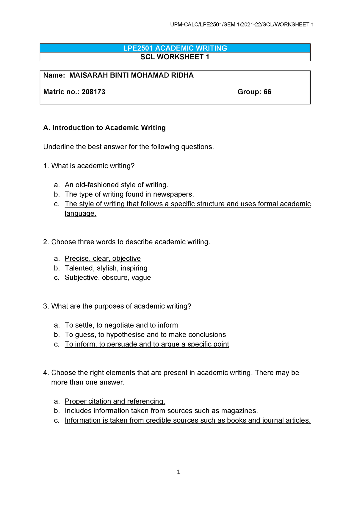 LPE2501 SCL Worksheet 1 - LPE2501 ACADEMIC WRITING SCL WORKSHEET 1 Name ...