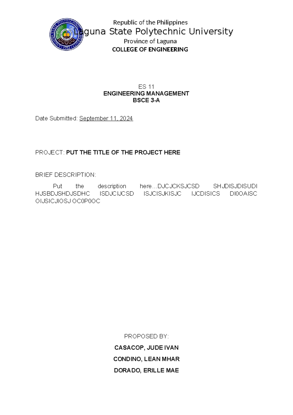 ES11 Project 1&2 - for PERT CPM - Republic of the Philippines Laguna ...