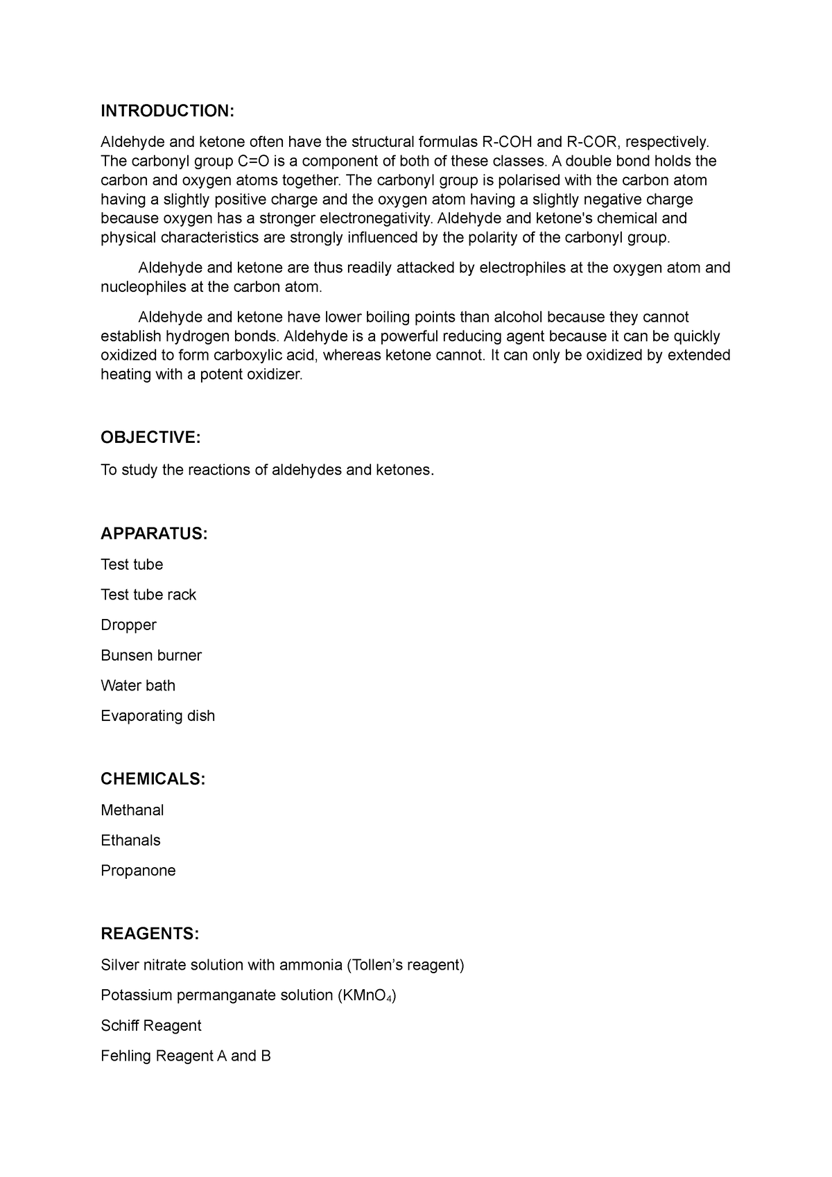 aldehyde and ketone experiment lab report