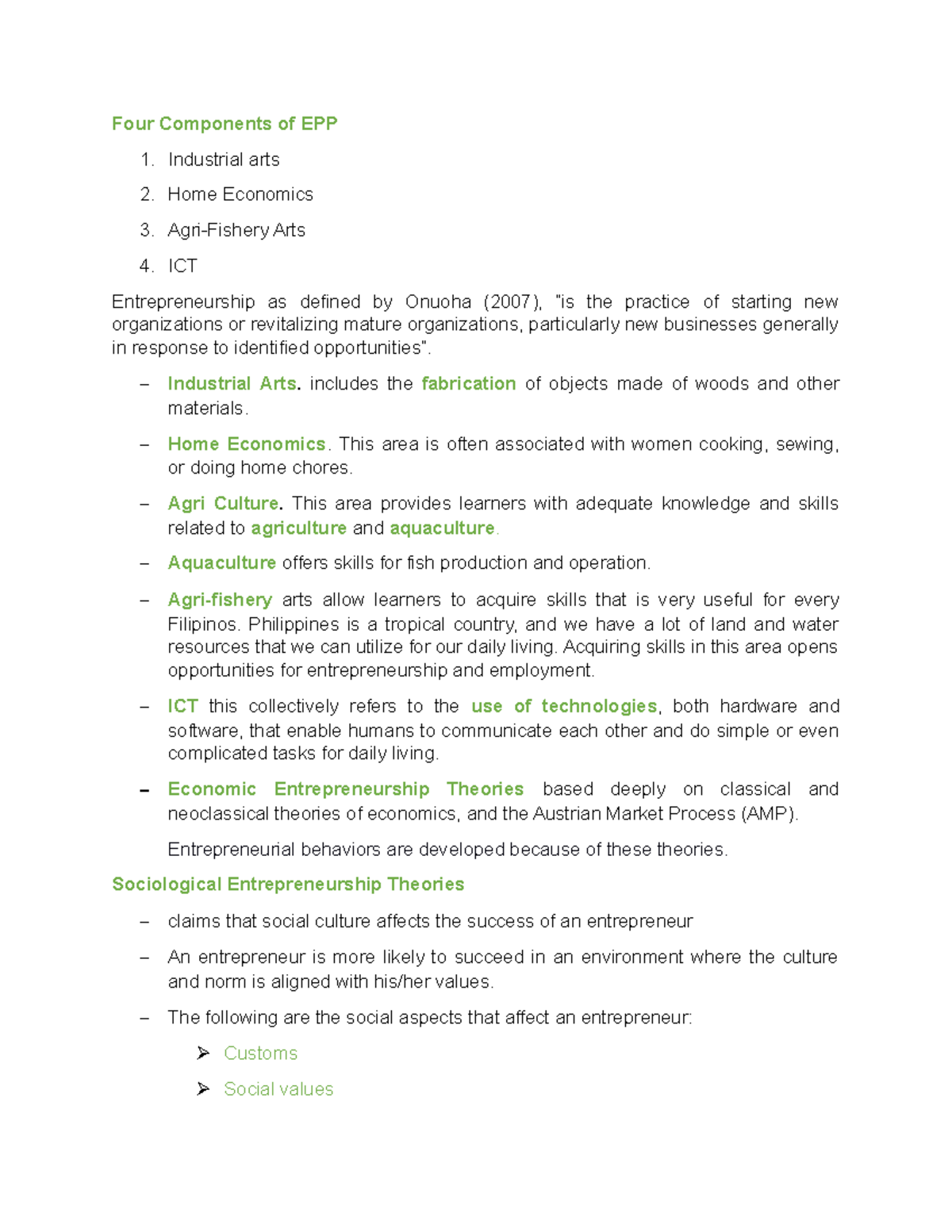 TLE i - basic needs in life - Four Components of EPP 1. Industrial arts ...