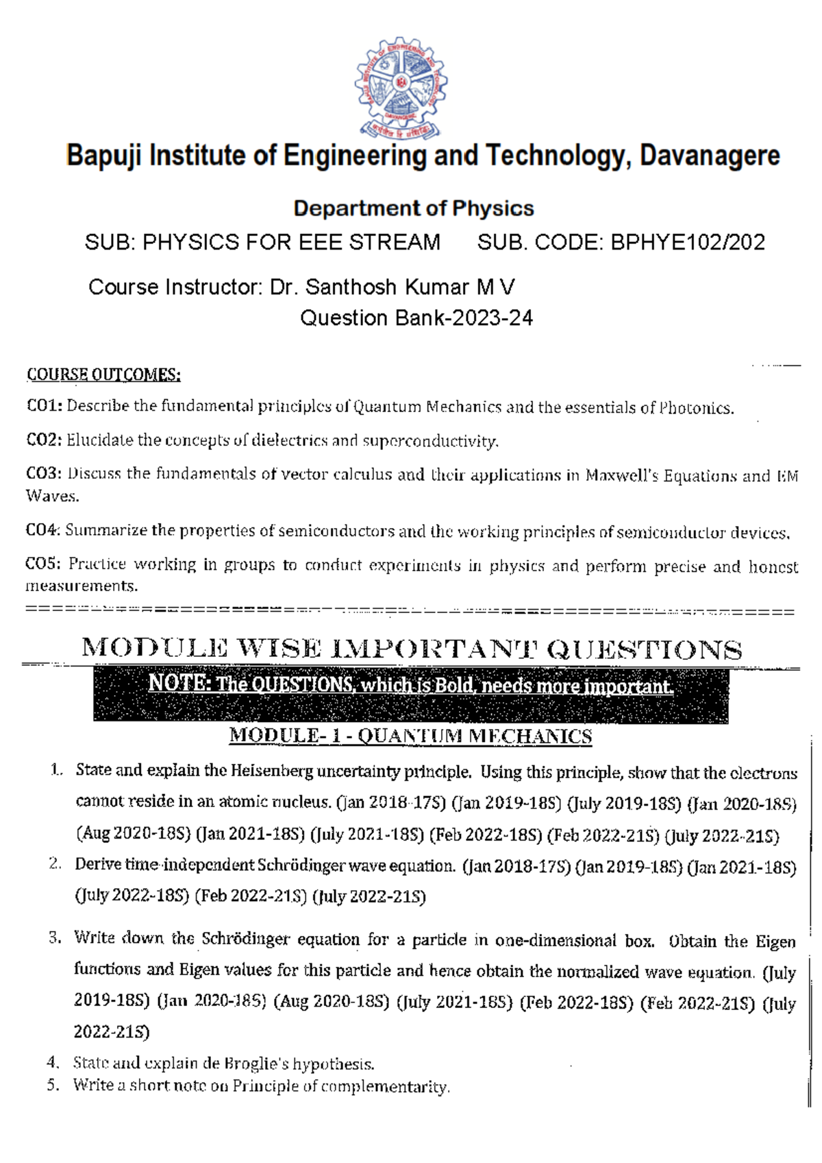 EEE-PHY- Question BANK-VTU - B.E(Computer Science) - Studocu