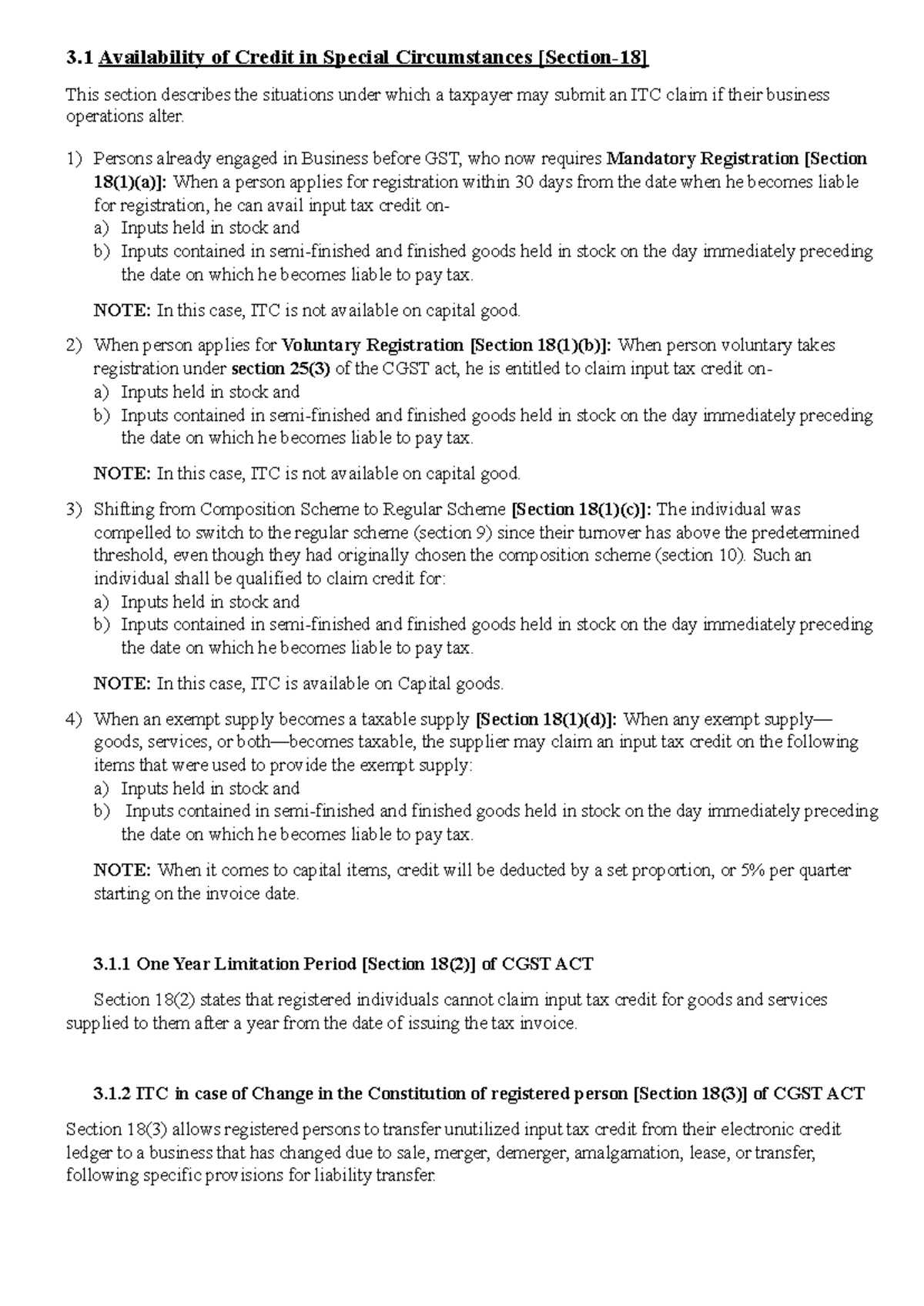 ITC sec 18 - Summary Good service tax - 3 Availability of Credit in ...