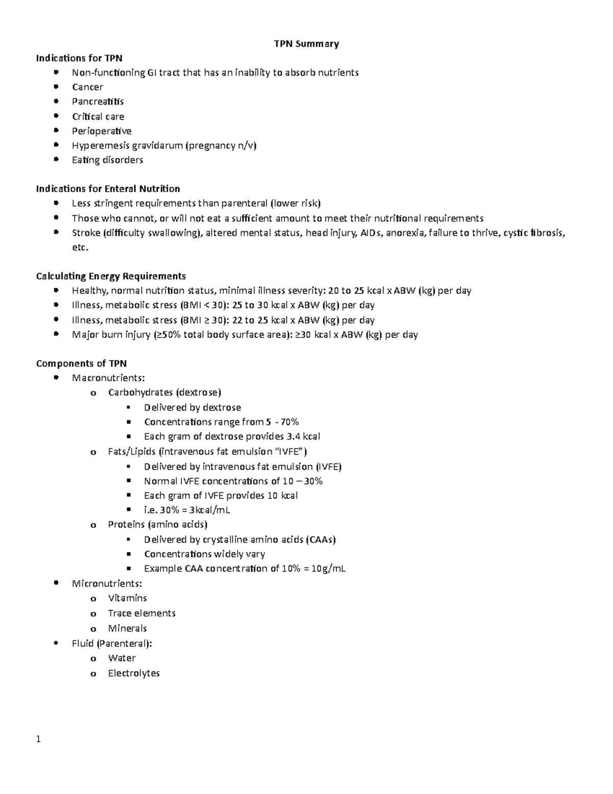 TPN Summary - TPN Summary Indications for TPN Non-functioning GI tract ...