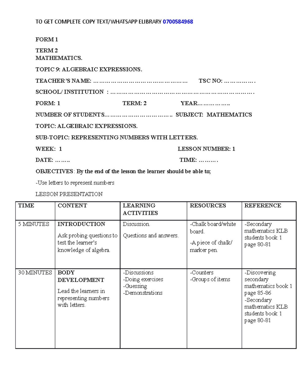 Mathematics lesson plans - FORM 1 TERM 2 MATHEMATICS. TOPIC 9 ...