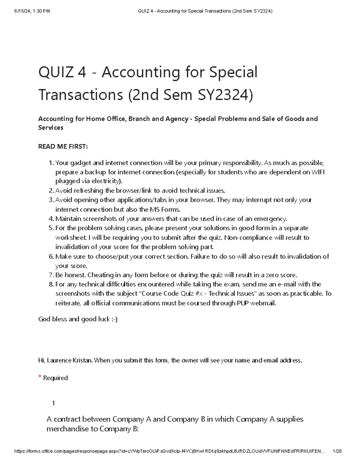 Accounting For Special Transactions Practice Questions - QUIZ 4 ...