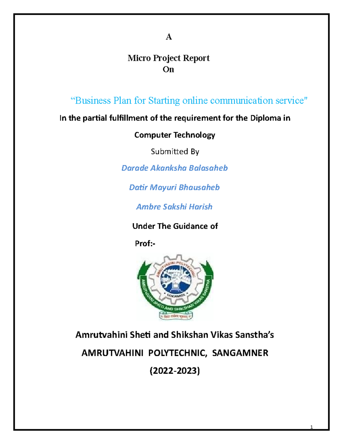 EDE project - A Micro Project Report On “Business Plan for Starting ...