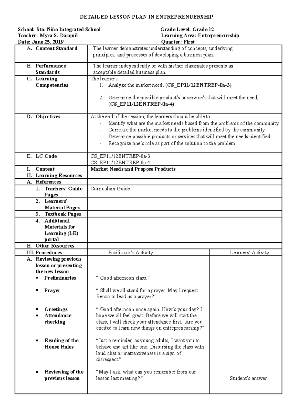 Demo1 - School: Sto. Nińo Integrated School Grade Level: Grade 12 ...