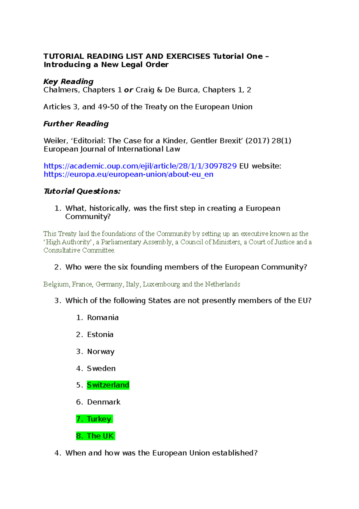 Tutorial 1 - EU law - TUTORIAL READING LIST AND EXERCISES Tutorial One ...