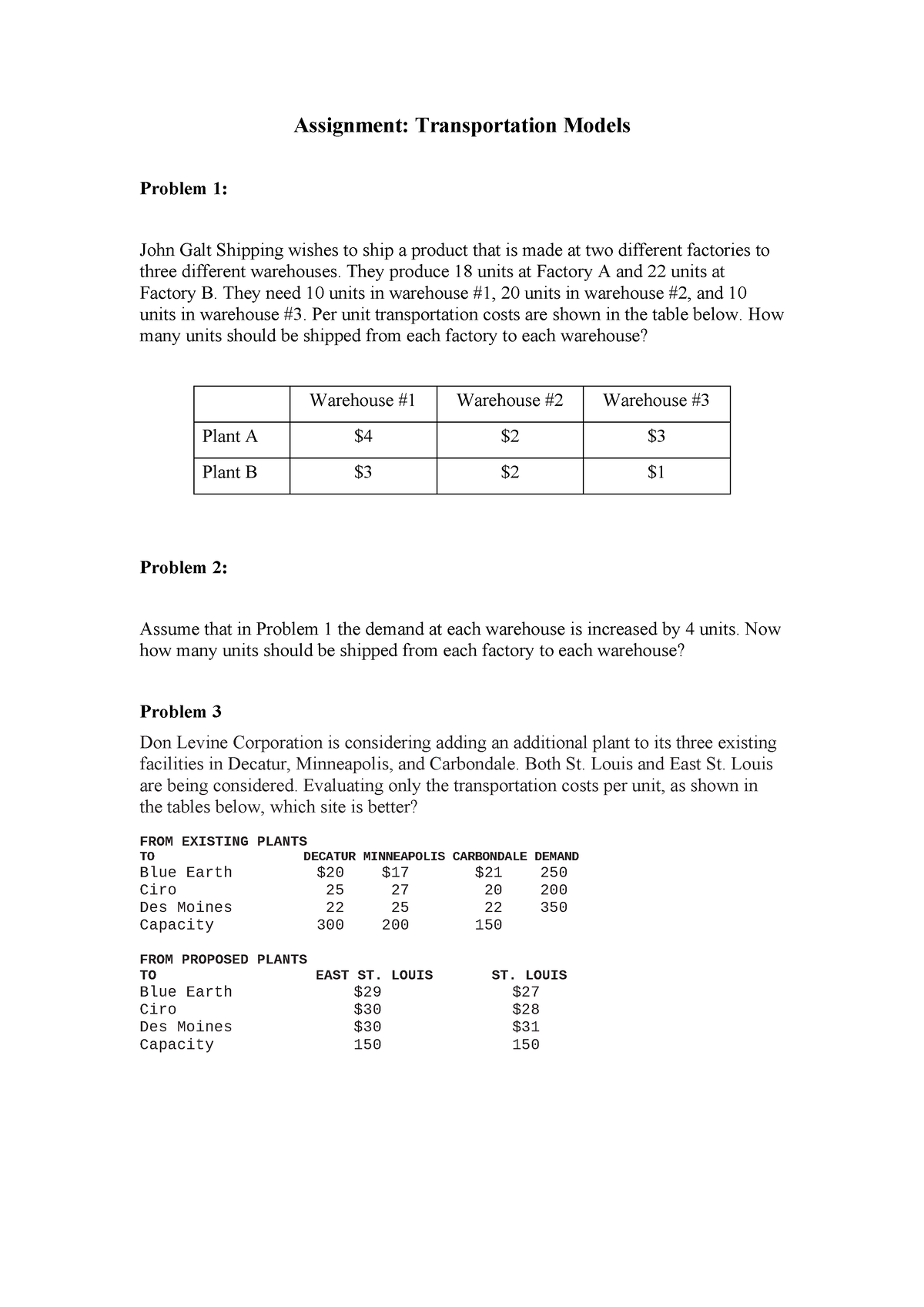 transportation and assignment models report