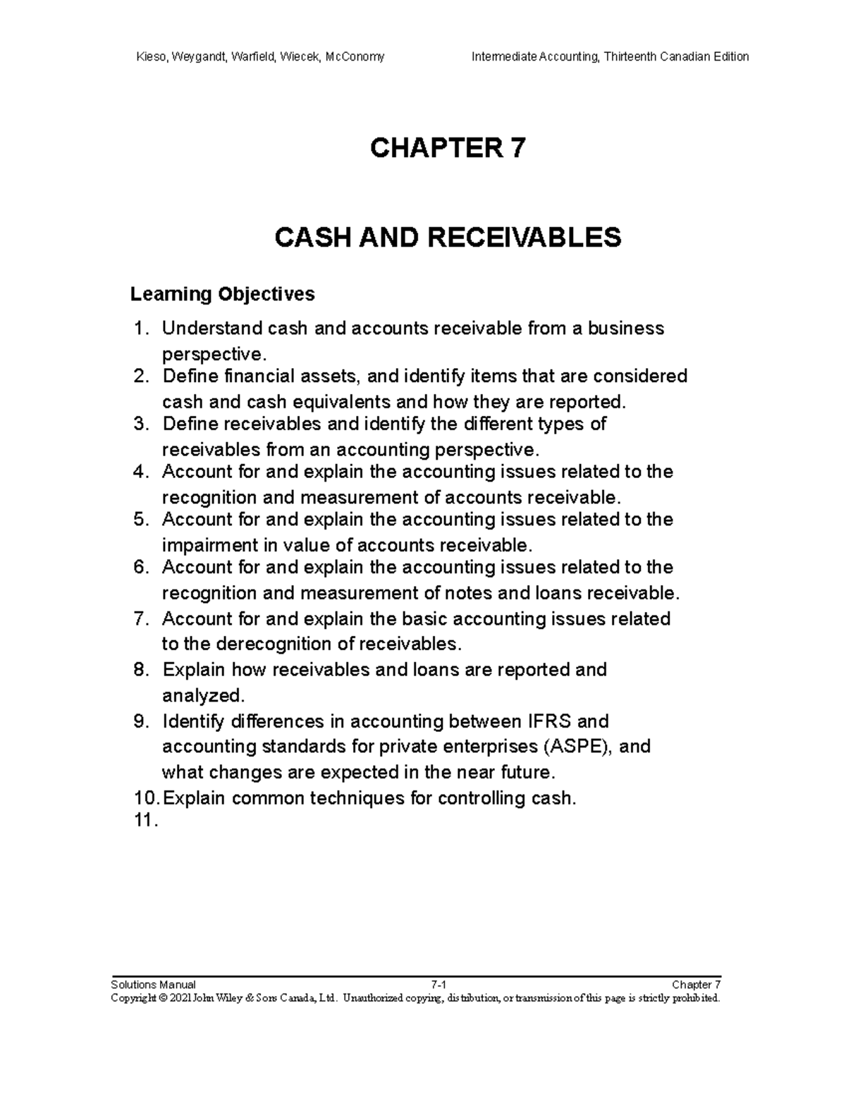 CH 7 - Ch7 - CHAPTER 7 CASH AND RECEIVABLES Learning Objectives 1 ...