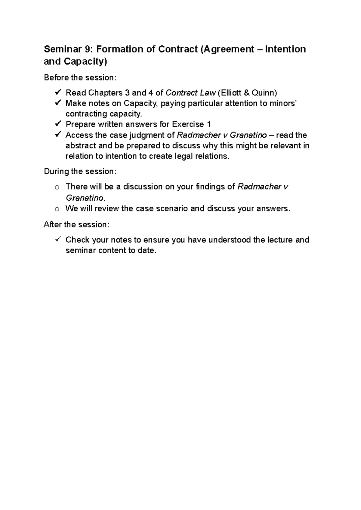 Seminar 9 - Intention and Capacity - Seminar 9: Formation of Contract ...