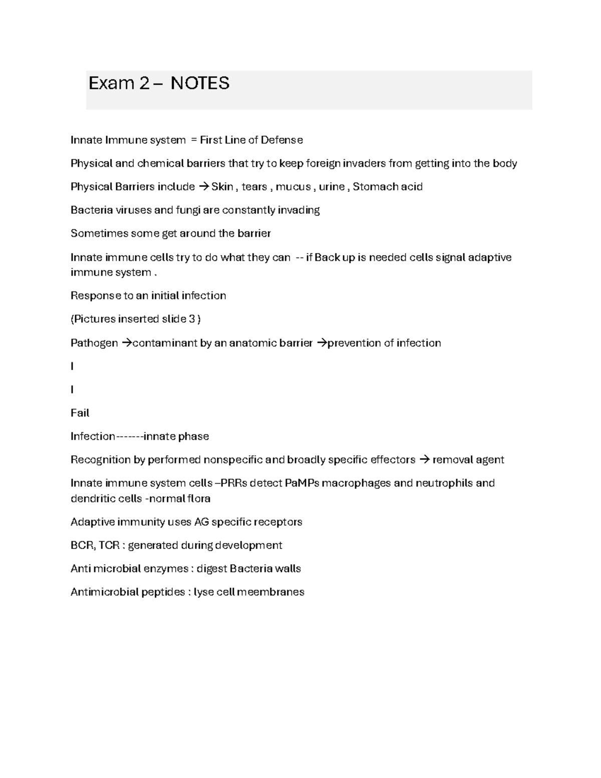 Exam 2 Notes - immu exam 2 - Exam 2 – NOTES Innate Immune system ...