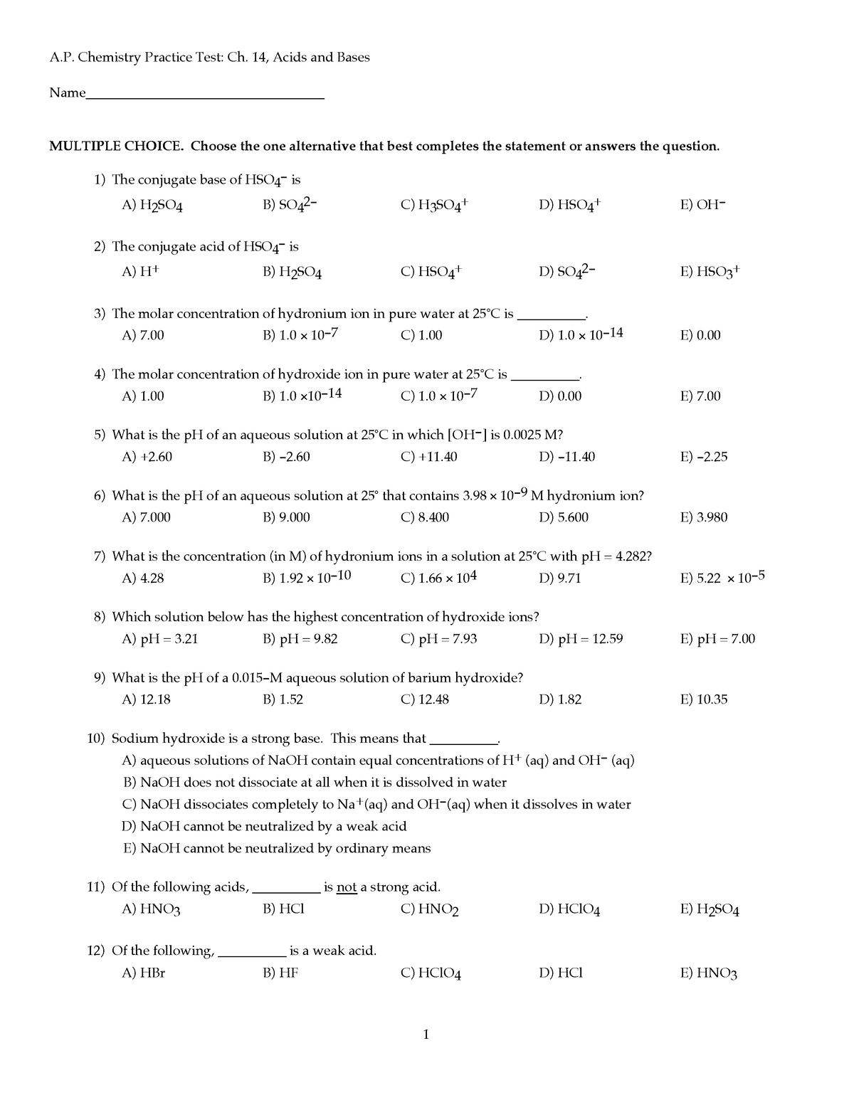 Ch 14 prac test acids bases combo - A. Chemistry Practice Test: Ch. 14 ...