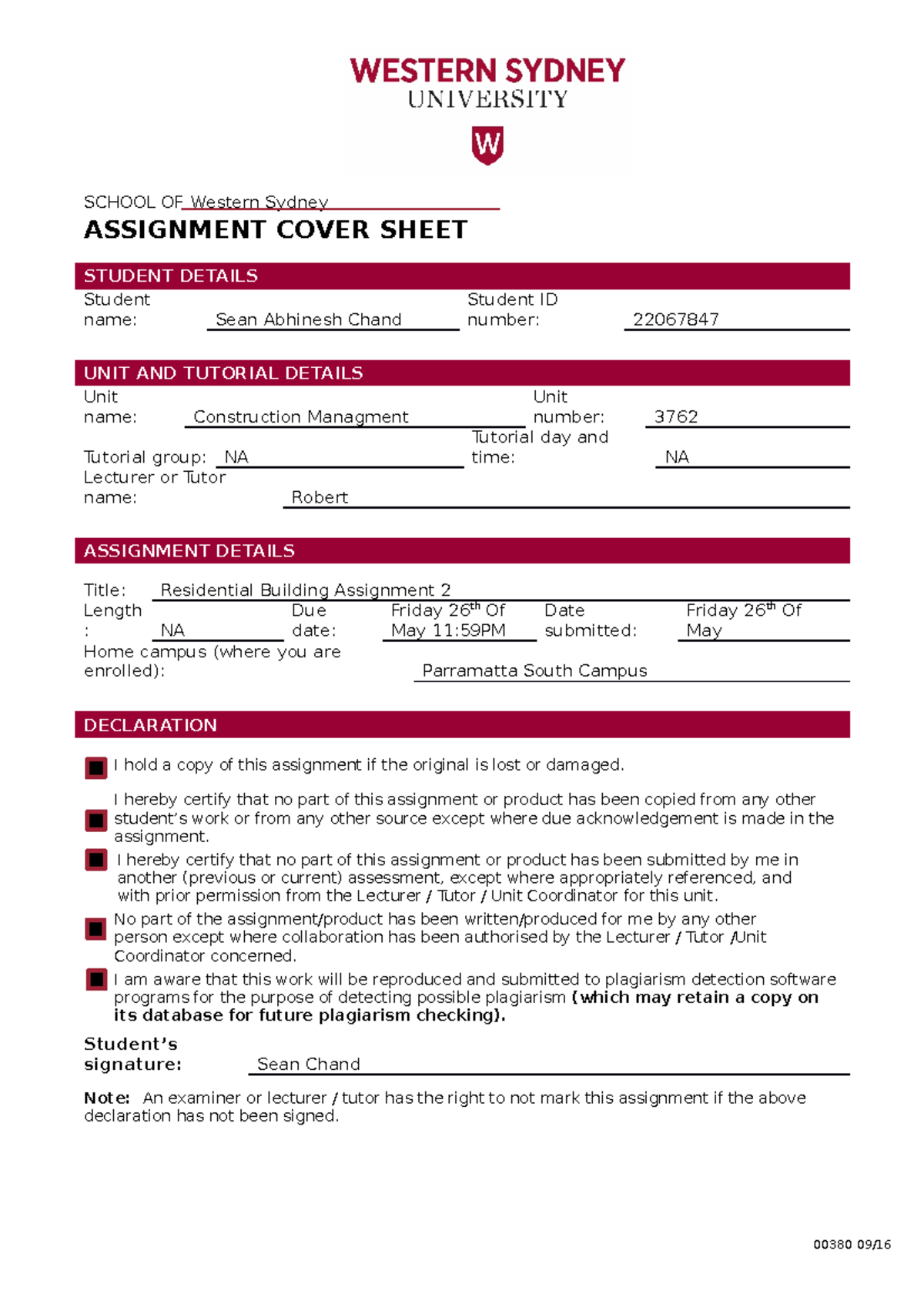 western sydney assignment cover sheet