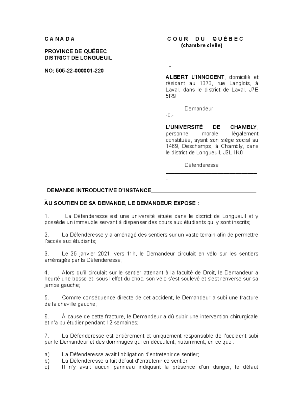 Demande introductive d'instance Dossier Albert LInnocent H22 C A N A