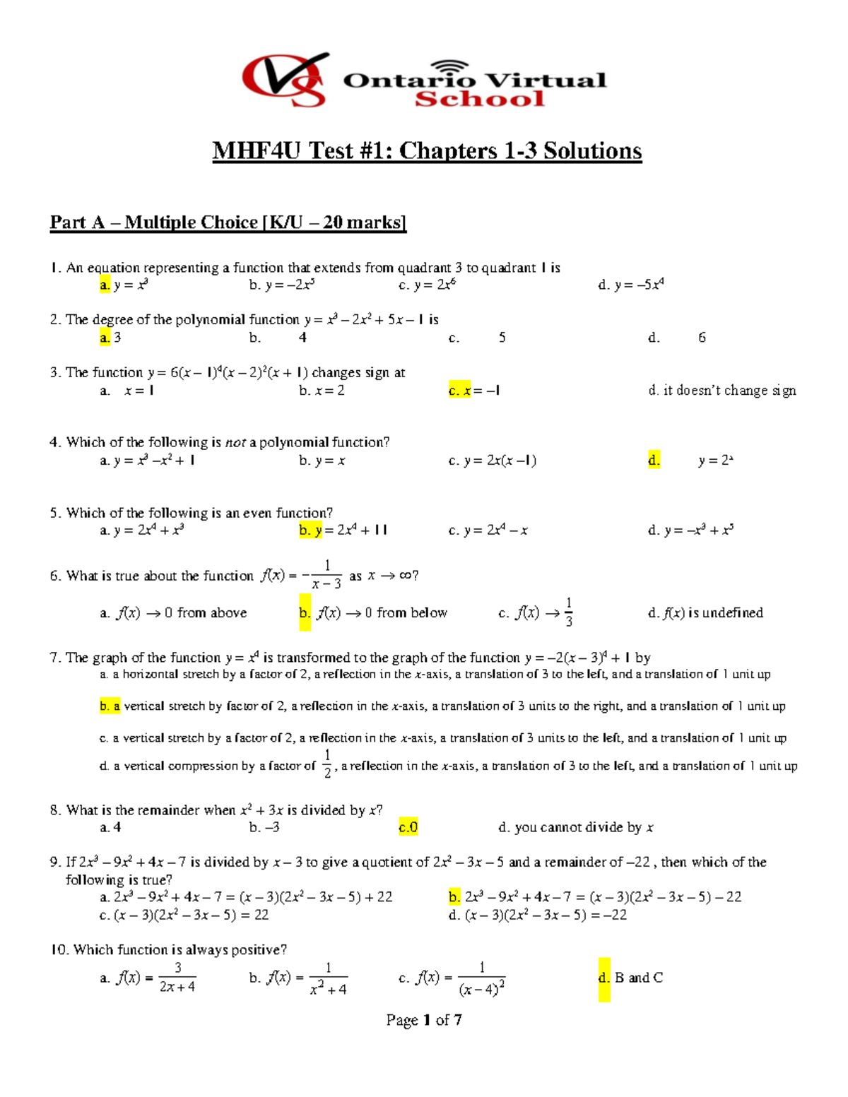 Unit 1 Practice Test Solutions - MHF4U Test #1: Chapters 1- 3 Solutions ...