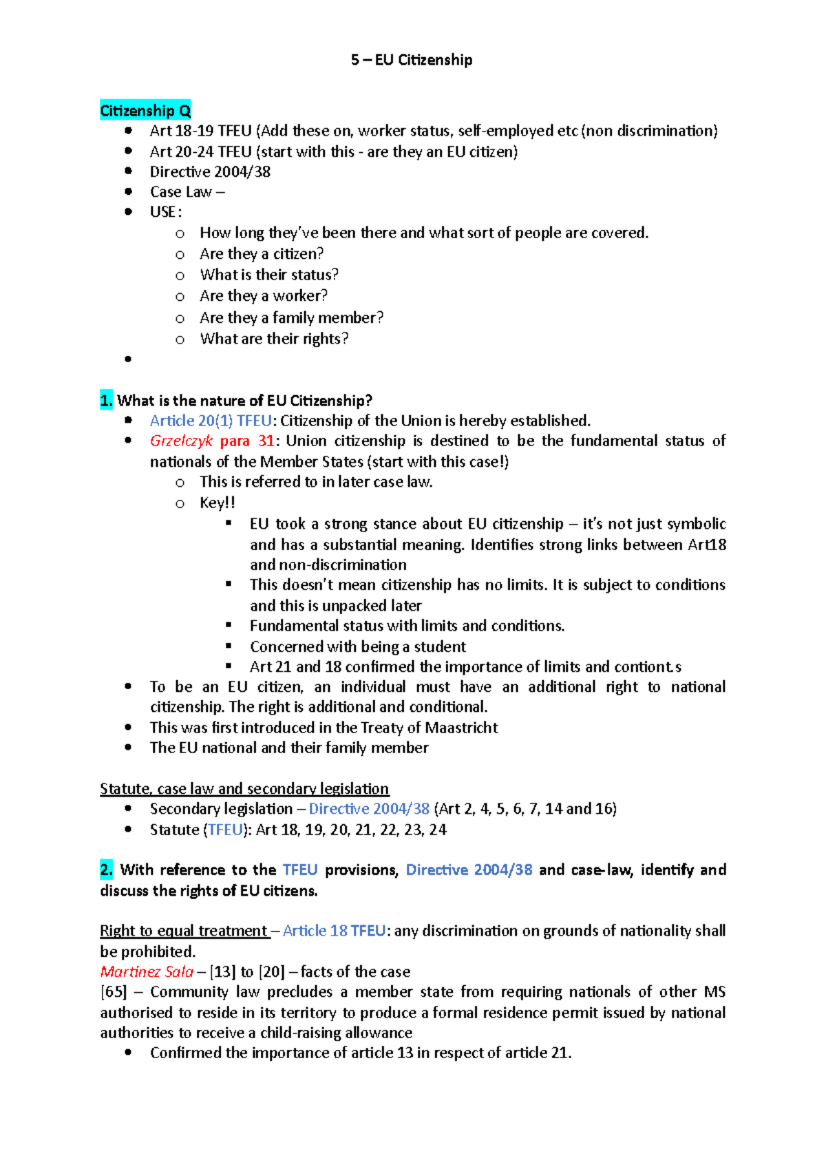 European Union Citizenship - Citizenship Q  Art 18-19 TFEU (Add these on,  worker status, - Studocu