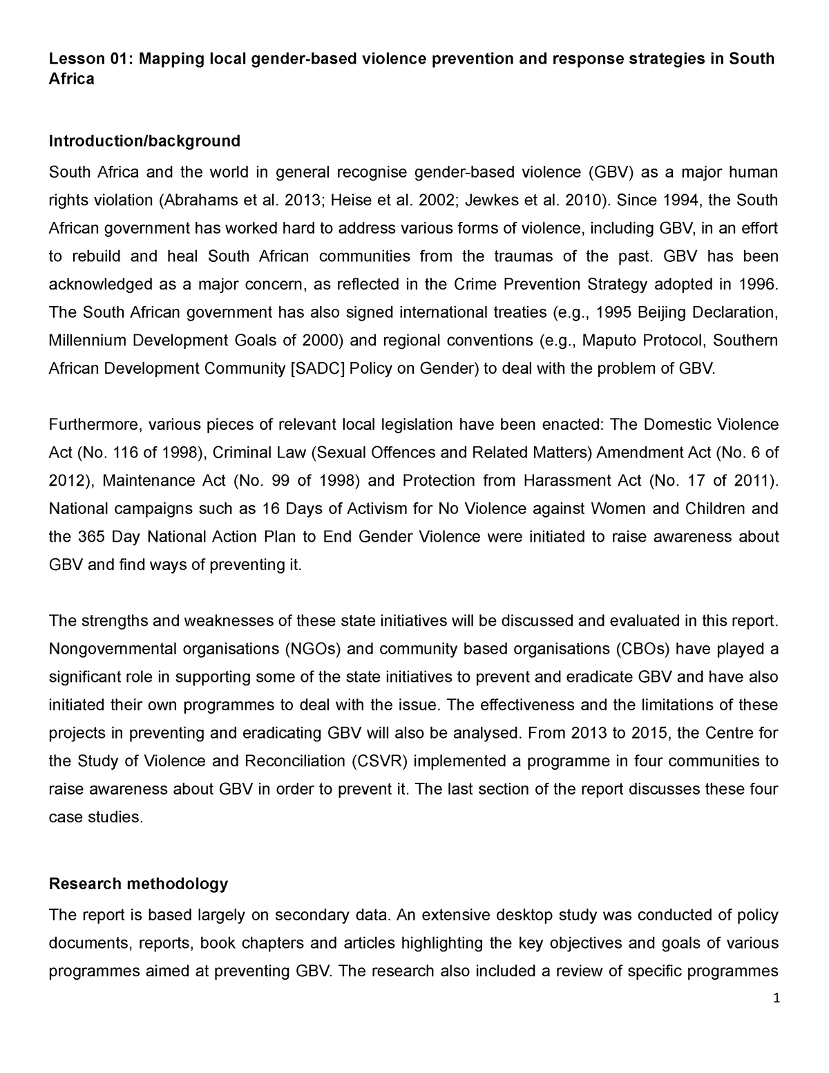 Case Study 1 Mapping local GBV - Lesson 01: Mapping local gender-based ...