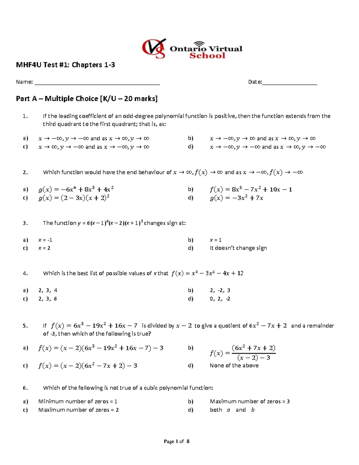 1713977116-Test 1 2024C - MHF4U Test #1: Chapters 1- 3 Name