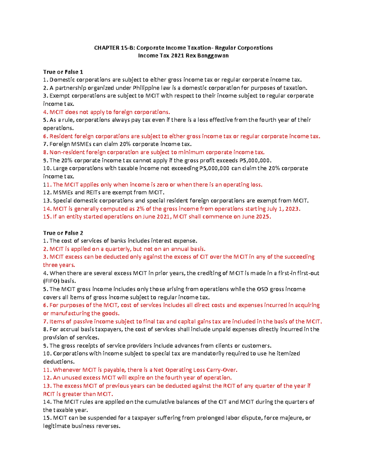 Chapter 15-B Income Tax 2021 Answer Key - CHAPTER 15-B: Corporate ...