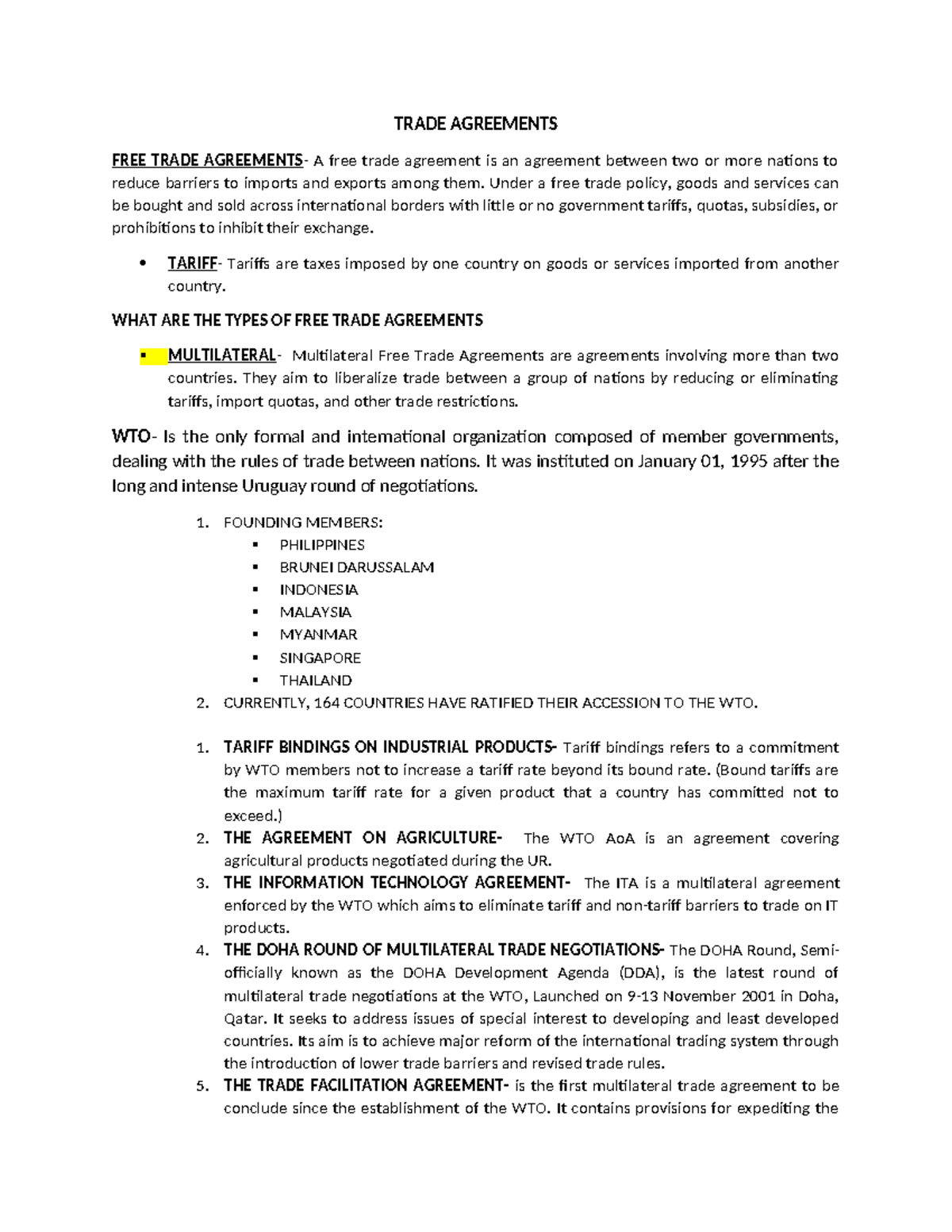 Trade- Agreements - notes - TRADE AGREEMENTS FREE TRADE AGREEMENTS- A ...