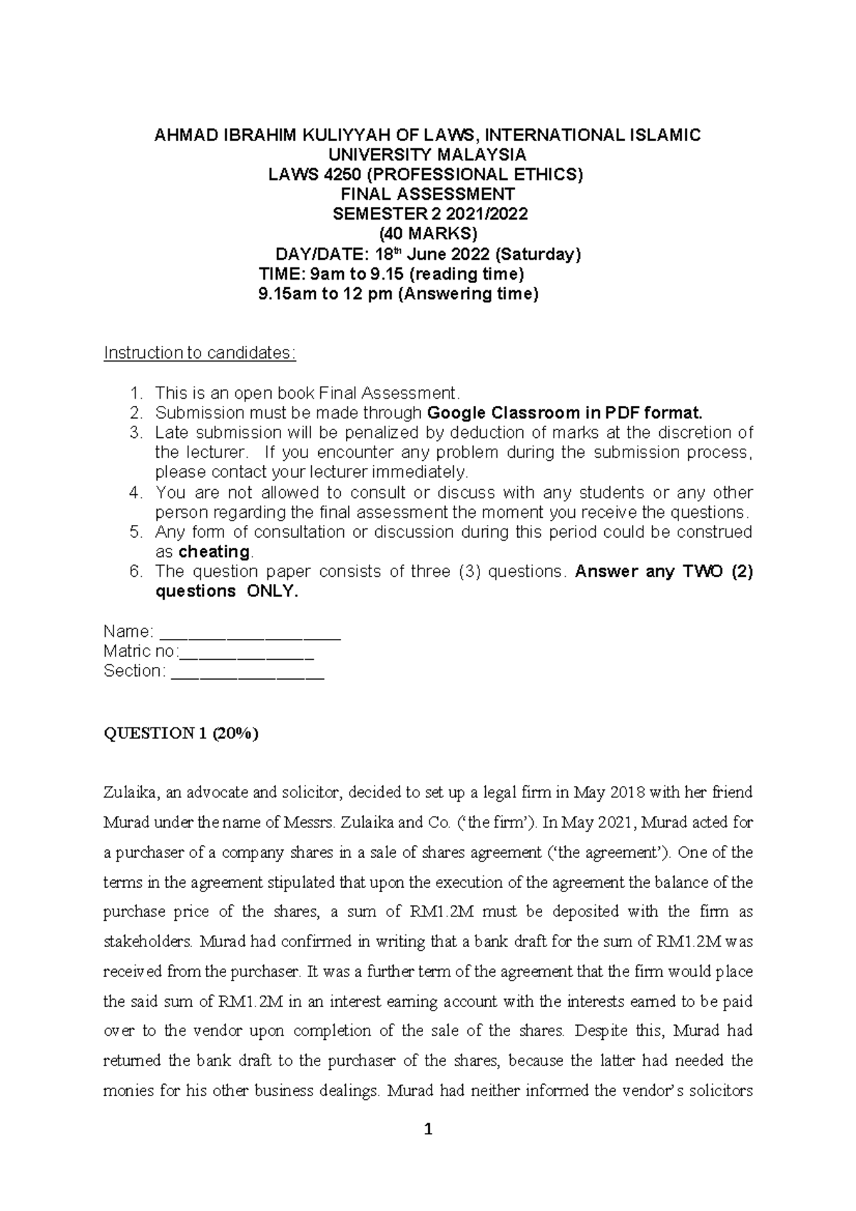 Ethics Final Ques Ahmad Ibrahim Kuliyyah Of Laws International