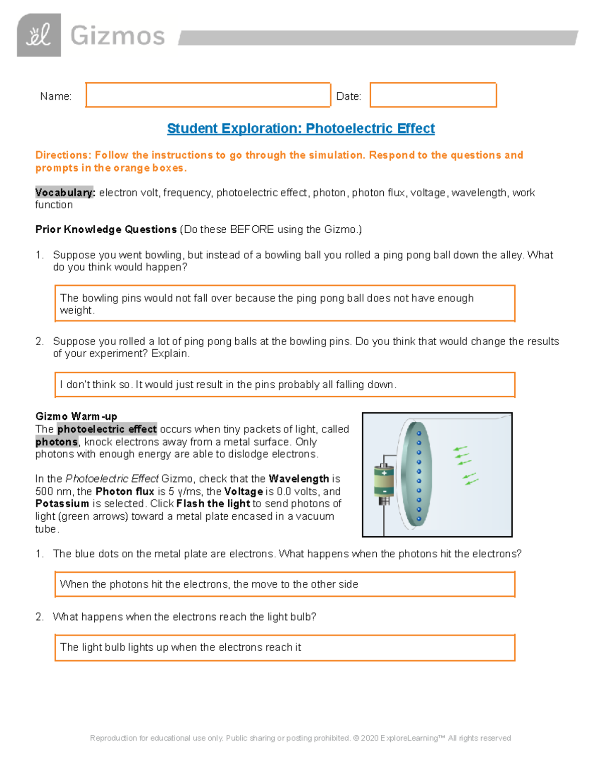 Copy of Photoelectric Effect Gizmos Lab Name Date Student