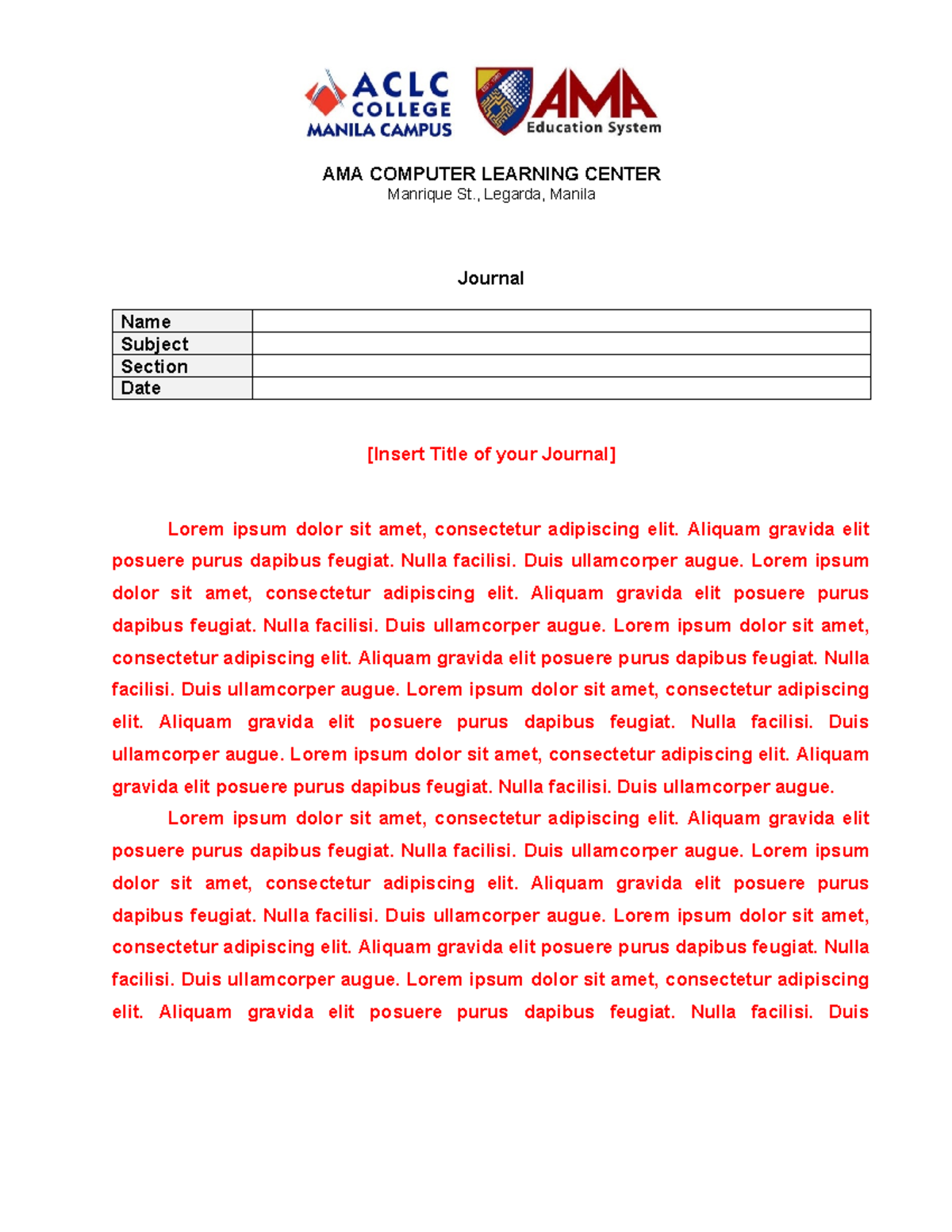 Journal Template - AMA COMPUTER LEARNING CENTER Manrique St., Legarda ...