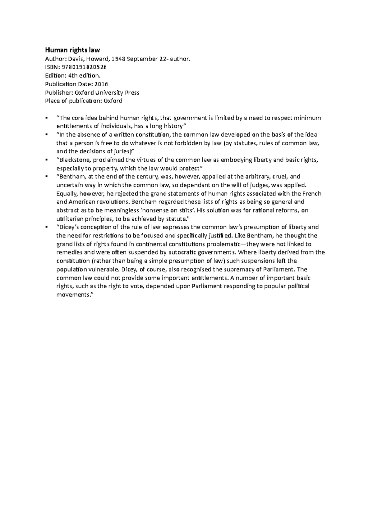 Human Rights workshop 1 reading - Human rights law Author: Davis ...
