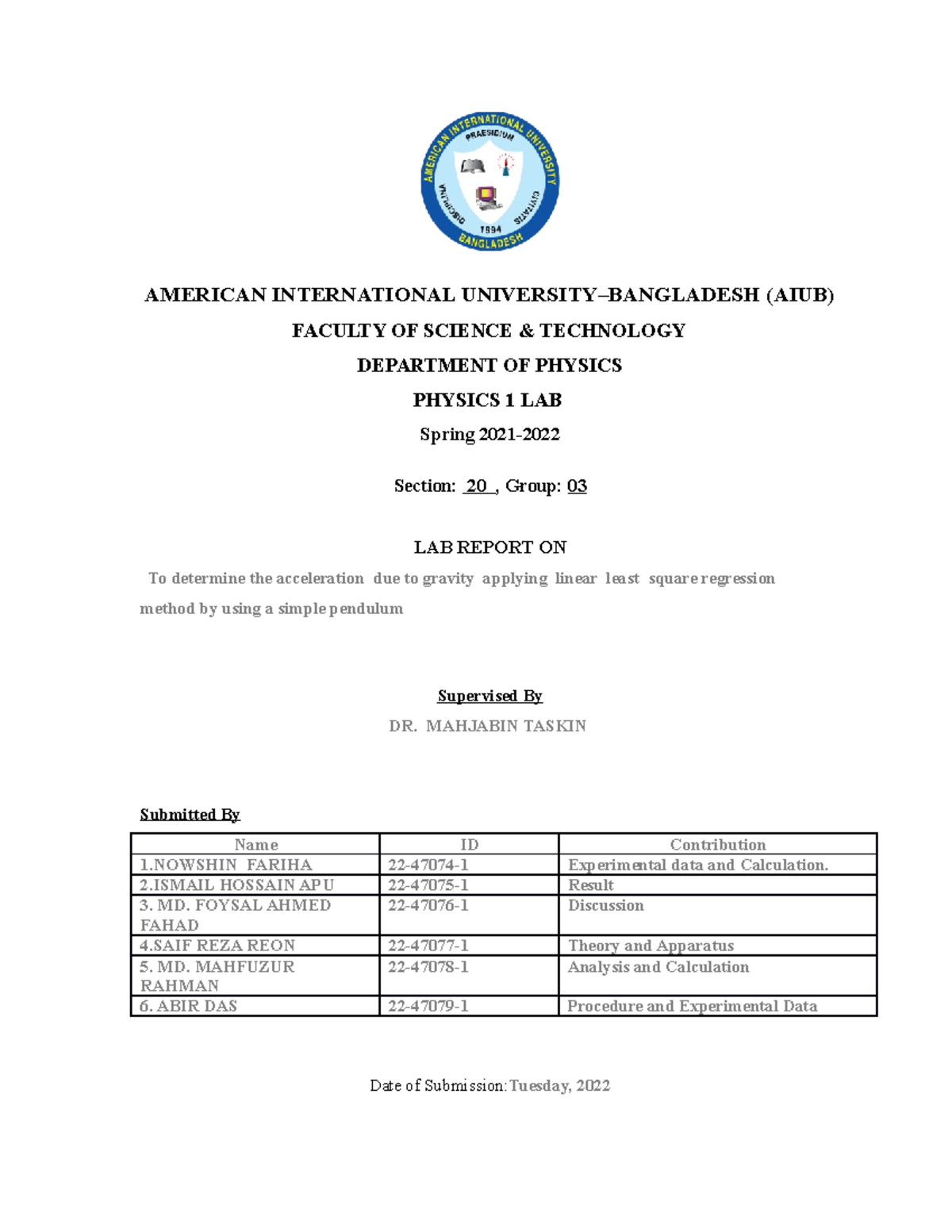 Lab Report 1 -phy 1 - To Determine The Acceleration Due To Gravity 