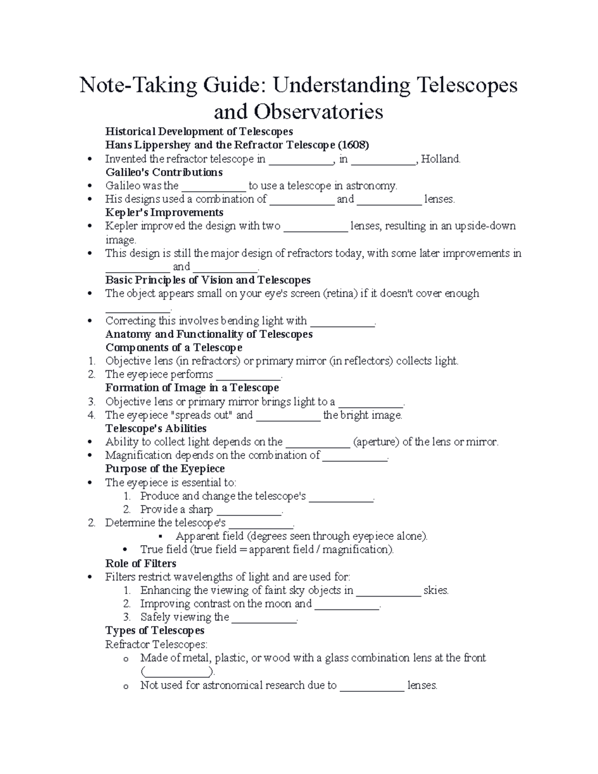 Telescope note taking guide NoteTaking Guide Understanding