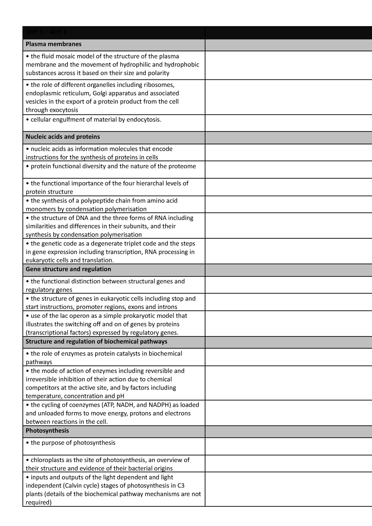 Study design table - Unit 3 – AOS 1 Plasma membranes the fluid mosaic ...