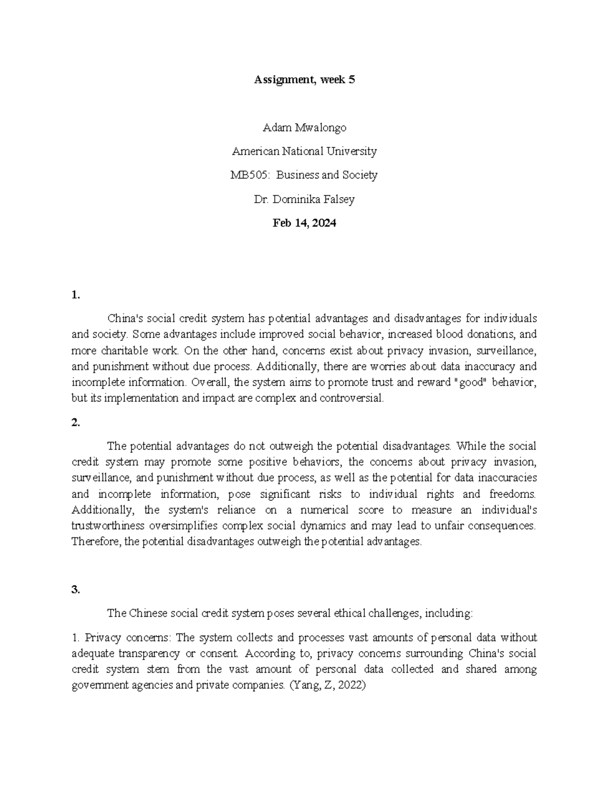 Week 5, Assignment - Assignment, week 5 Adam Mwalongo American National ...