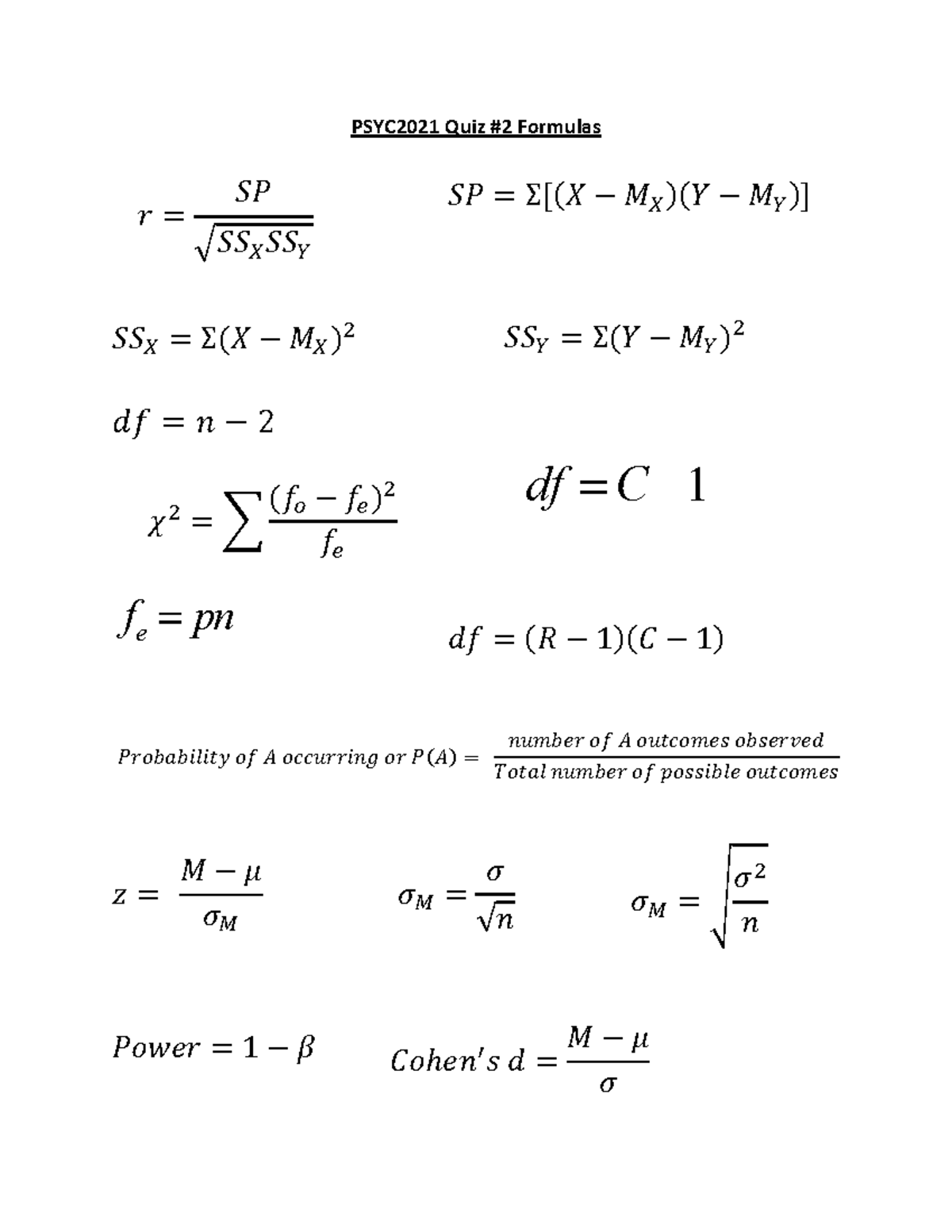 PSYC2021 Quiz #2 Formulas - PSYC2021 Quiz #2 Formulas 𝑑𝑓 = 𝑛 − 2 𝑑𝑓 ...
