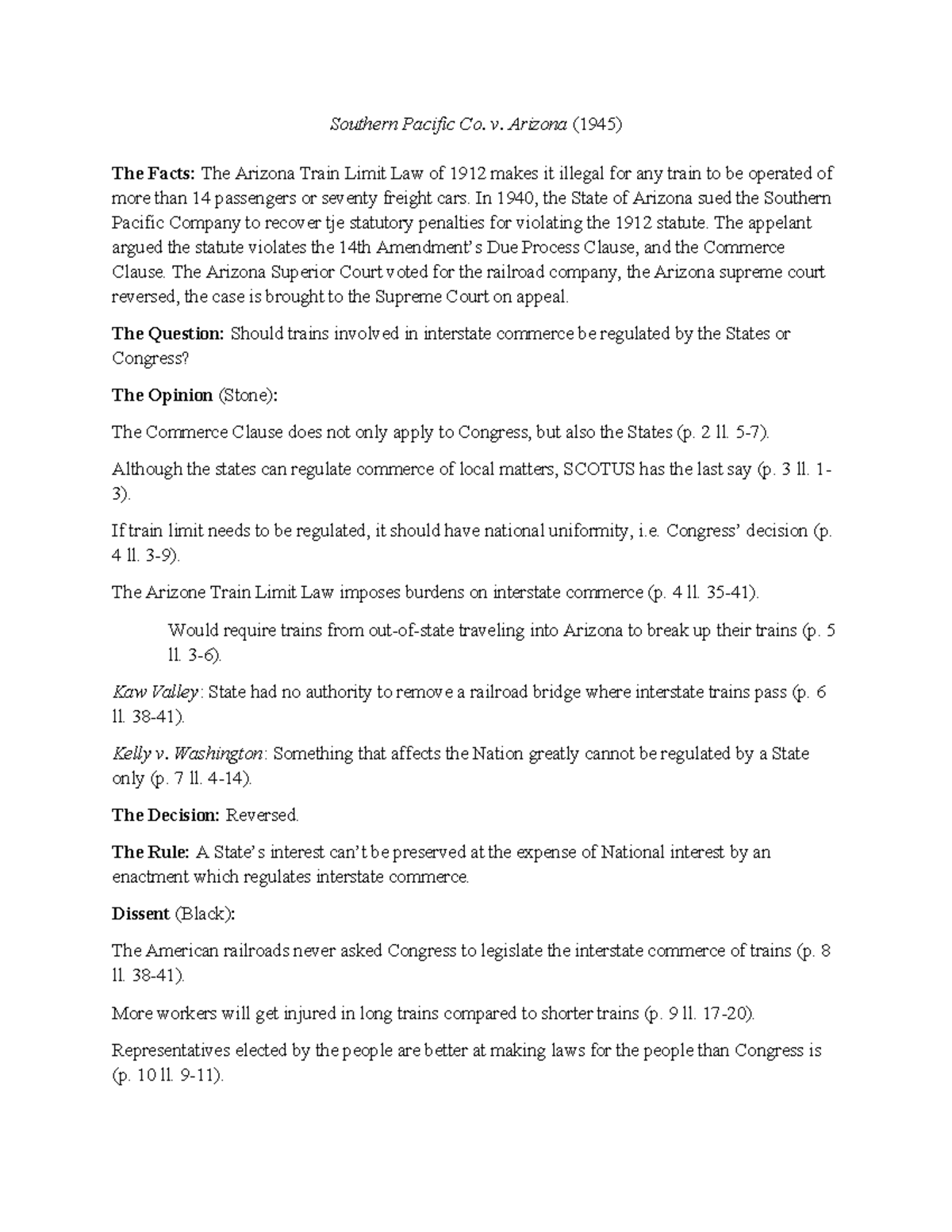 Southern Pacific Co. v. Arizona Brief Southern Pacific Co. v. Arizona (1945) The Facts The