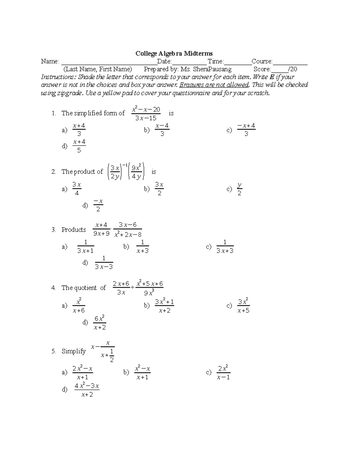 CA midterms - College Algebra - College Algebra Midterms Name ...