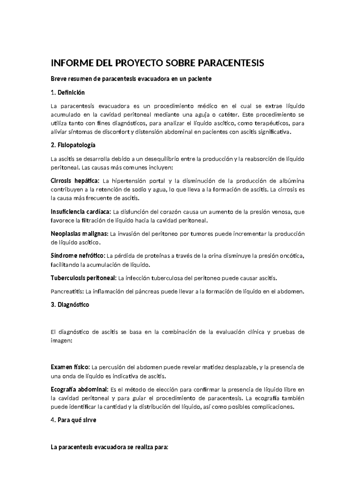 Informe DEL Proyecto Sobre Paracentesis - INFORME DEL PROYECTO SOBRE ...