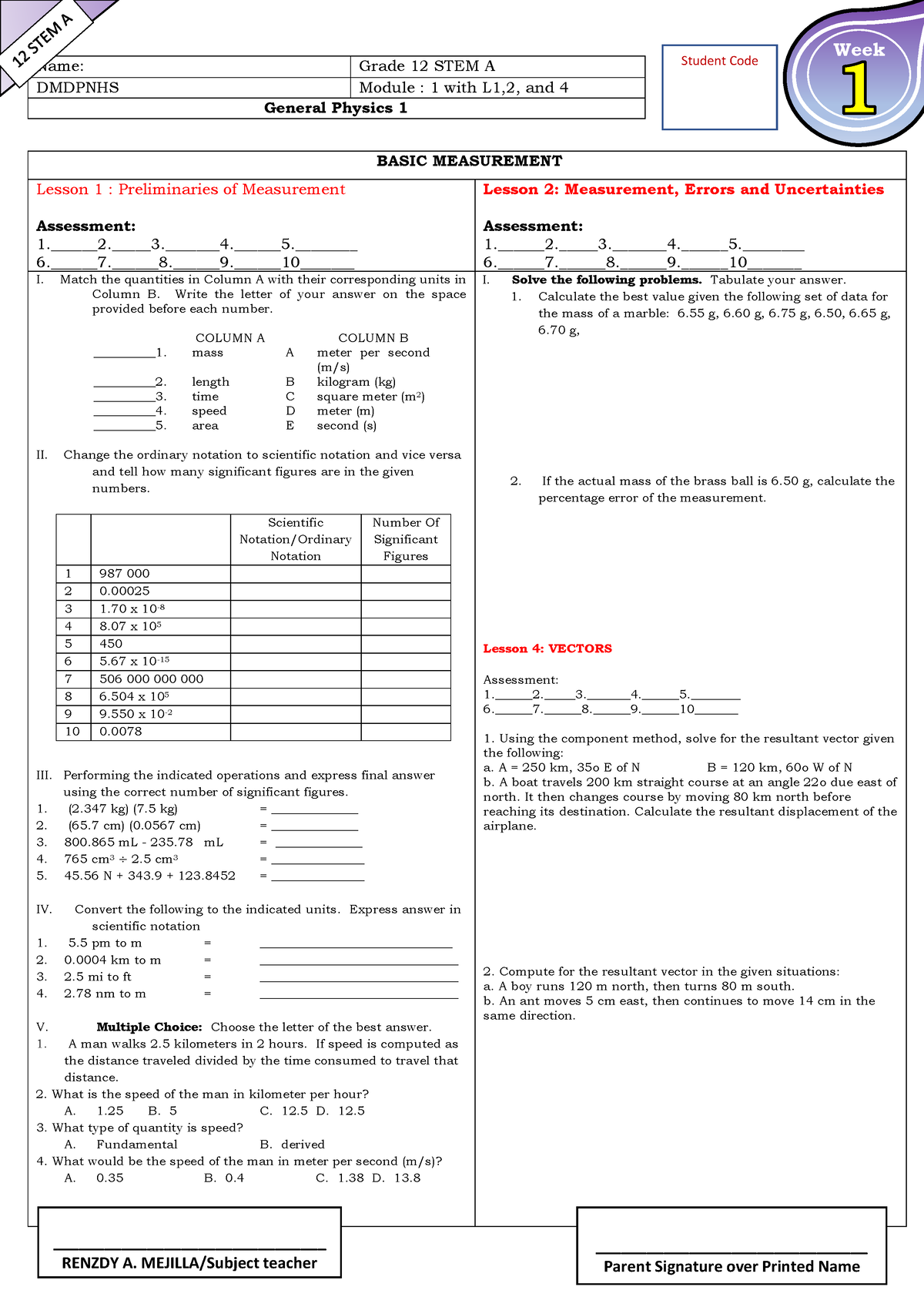 Answer-Sheet-1ST-Quarter-General-Physics-1 Week 1 - Name: Grade 12 STEM ...