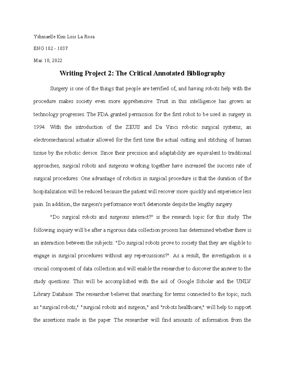 Eng 102 Writing Project 2 Yshmaelle Kim Lois La Rosa Eng 102