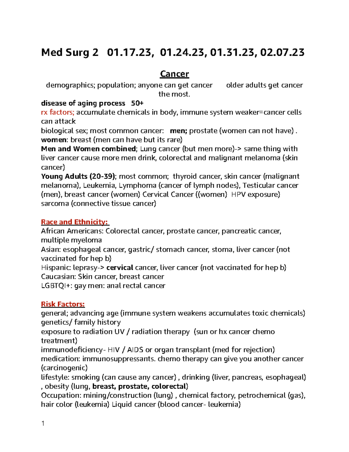 Medsurg 1,2,3,4,5 - notes - Med Surg 2 01.17, 01.24, 01.31, 02. Cancer ...