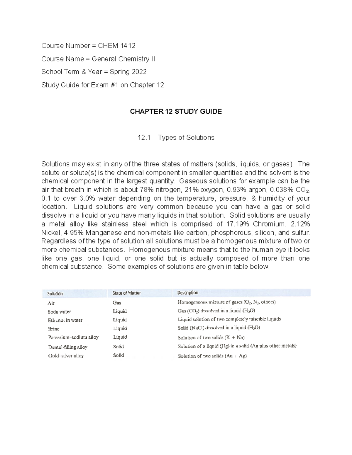 CHEM 1412 Spring 2022 Chapter 12 Study Guide - Course Number = CHEM ...