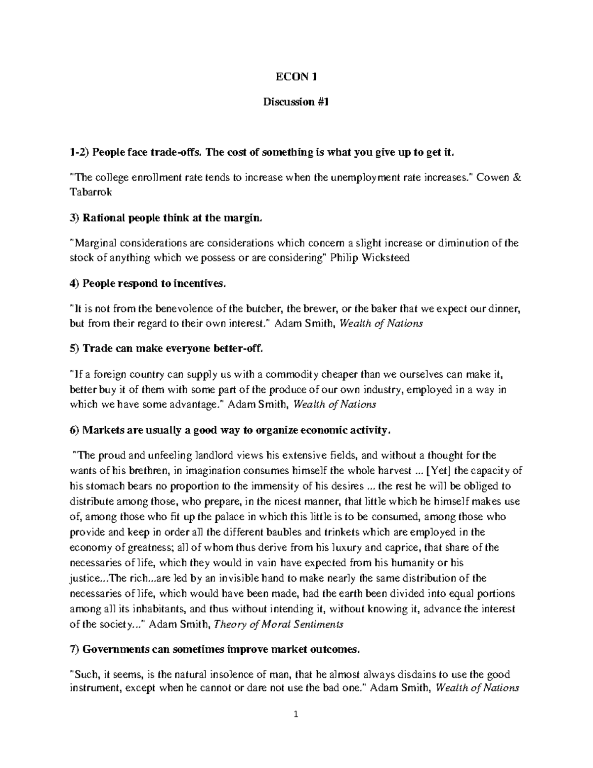 Handout 1 - 1 ECON 1 Discussion # 1-2) People face trade-offs. The cost ...