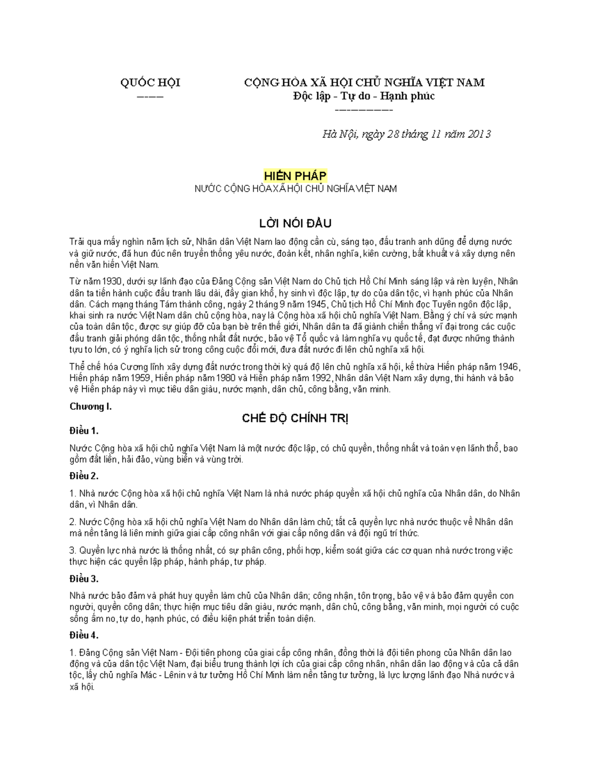 1. HIẾN PHÁP NĂM 2013 - QUỐC HỘI - CỘNG HÒA XÃ HỘI CHỦ NGHĨA VIỆT NAM