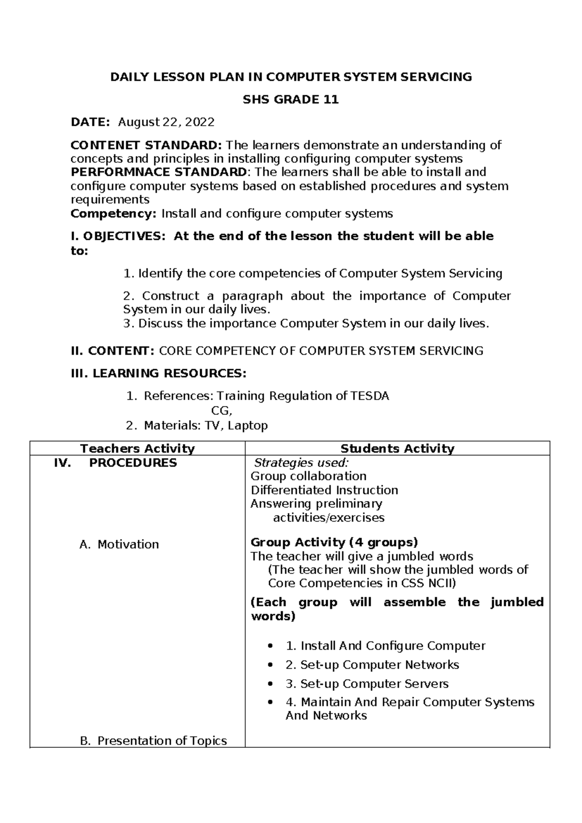 Daily Lesson PLAN IN Computer System Servicing 11 - DAILY LESSON PLAN ...