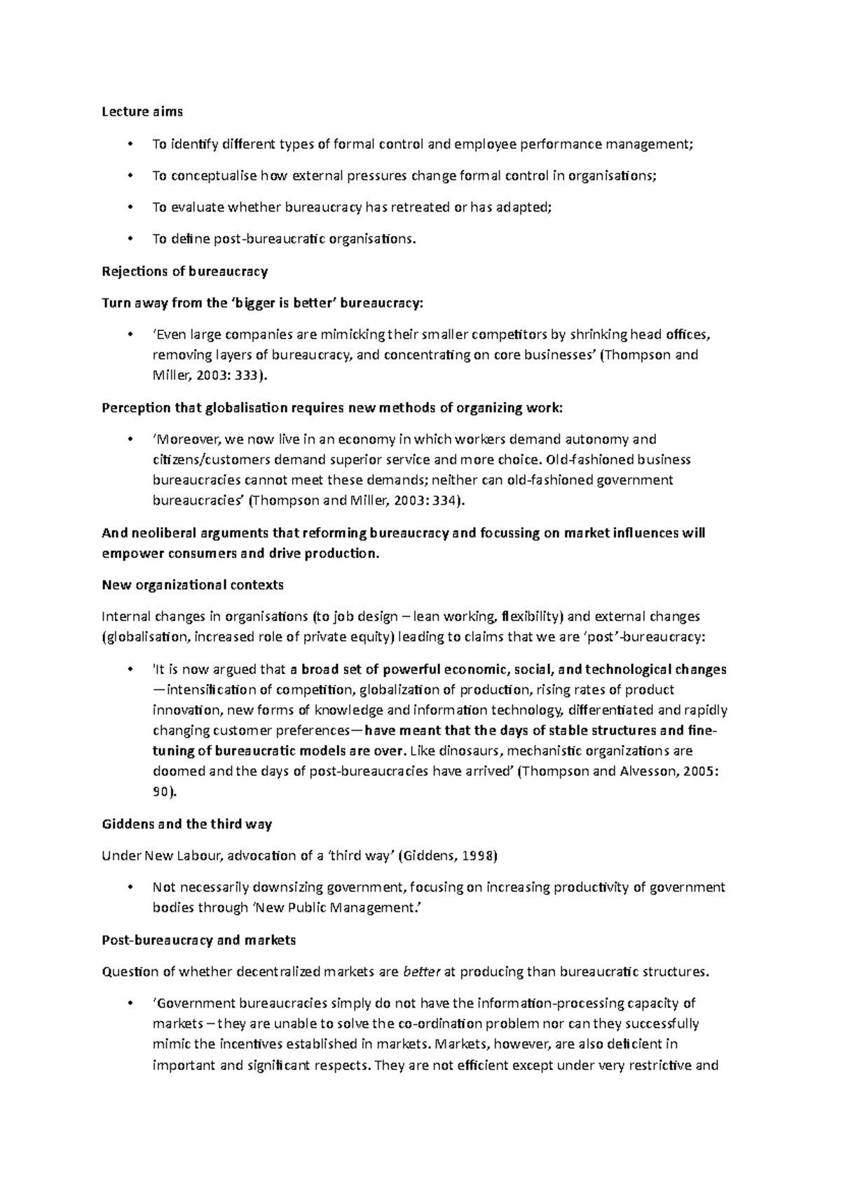 Post bureaucracy in management Lecture aims To identify different