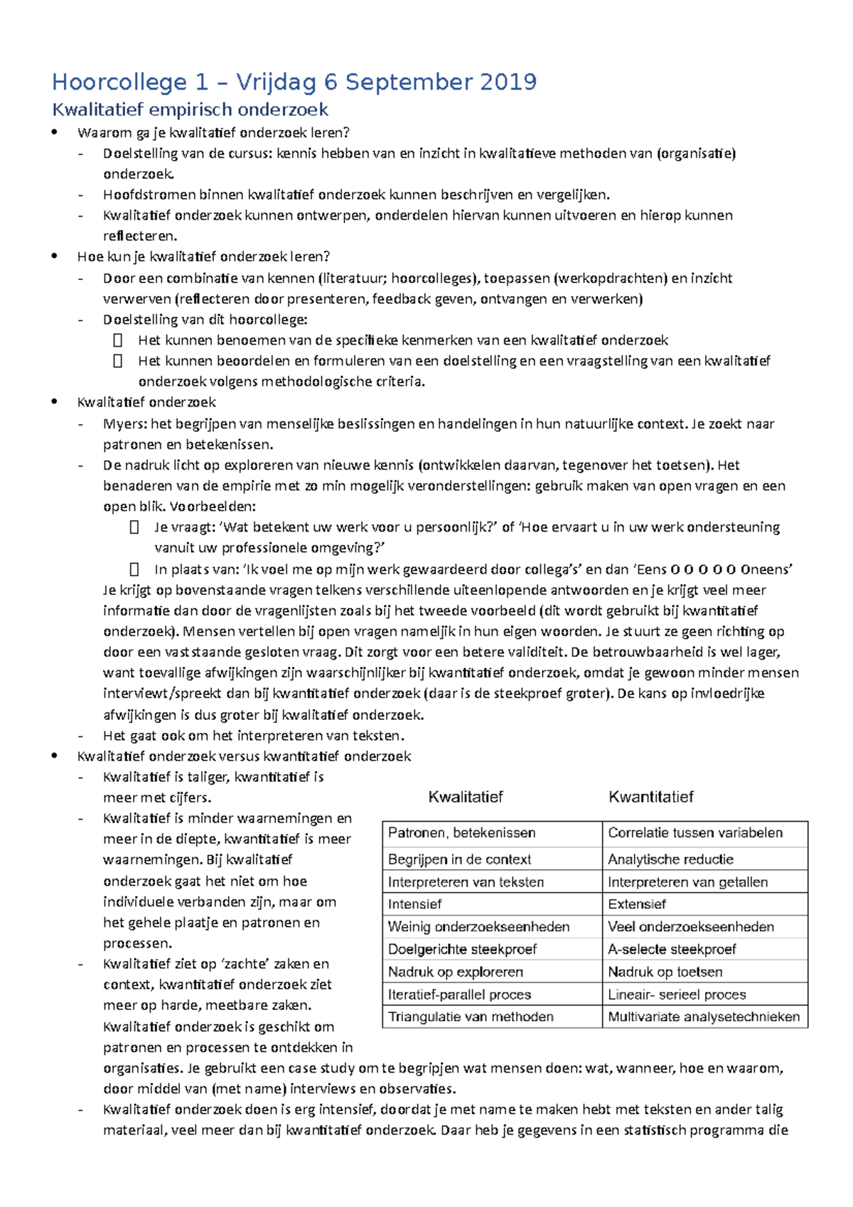 Kwalitatieve Onderzoeksmethodologie HC1 Aantekeningen - Hoorcollege 1 ...