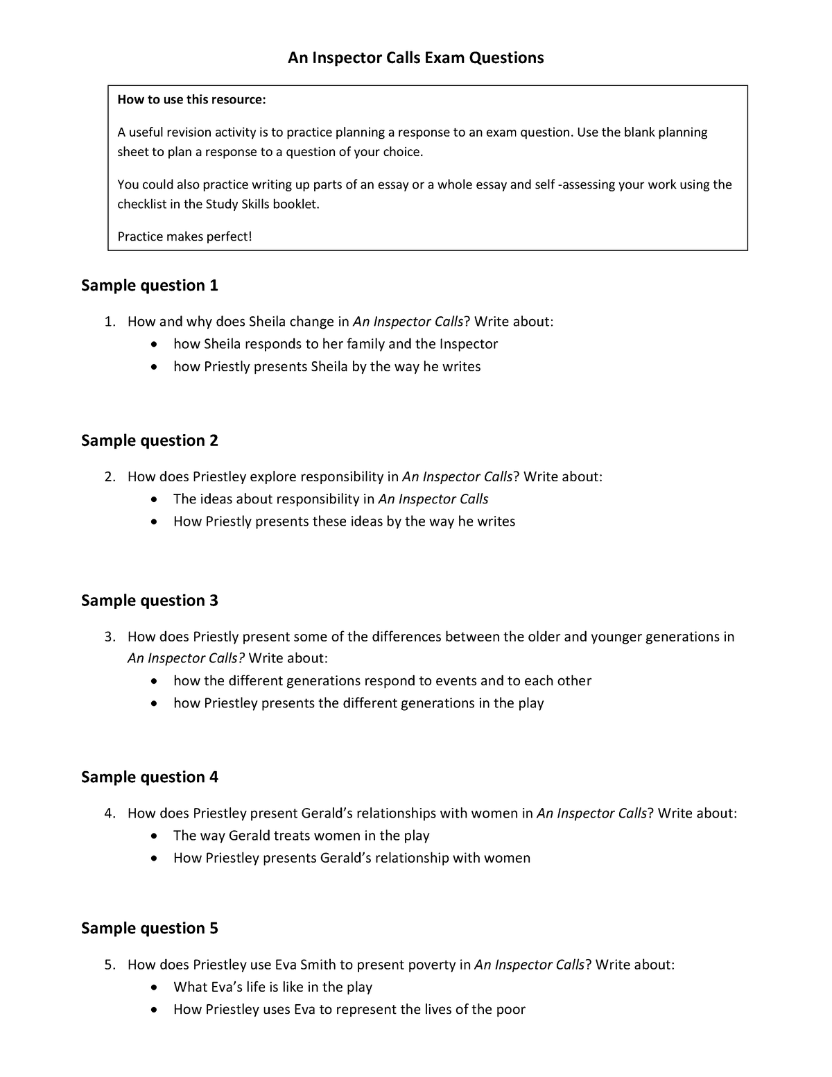 An Inspector Calls sample exam questions - An Inspector Calls Exam ...