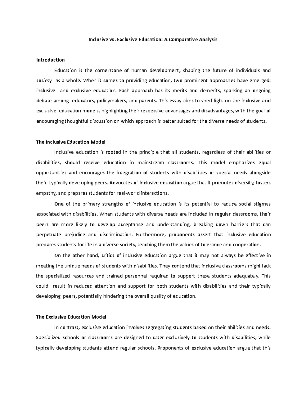 EAC Meeting 4 Article for role play - Inclusive vs. Exclusive Education ...