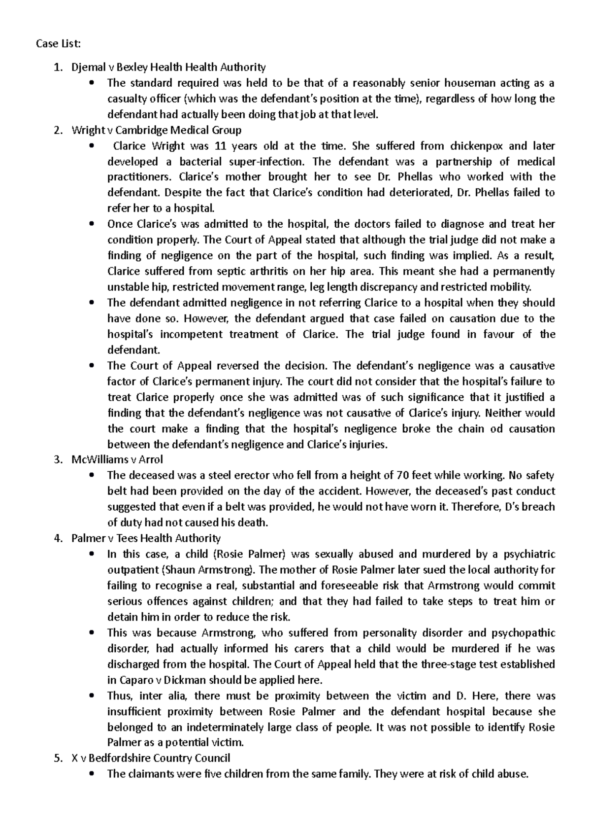 Case List Case List Of Tort Law With Facts And Issues Case List 