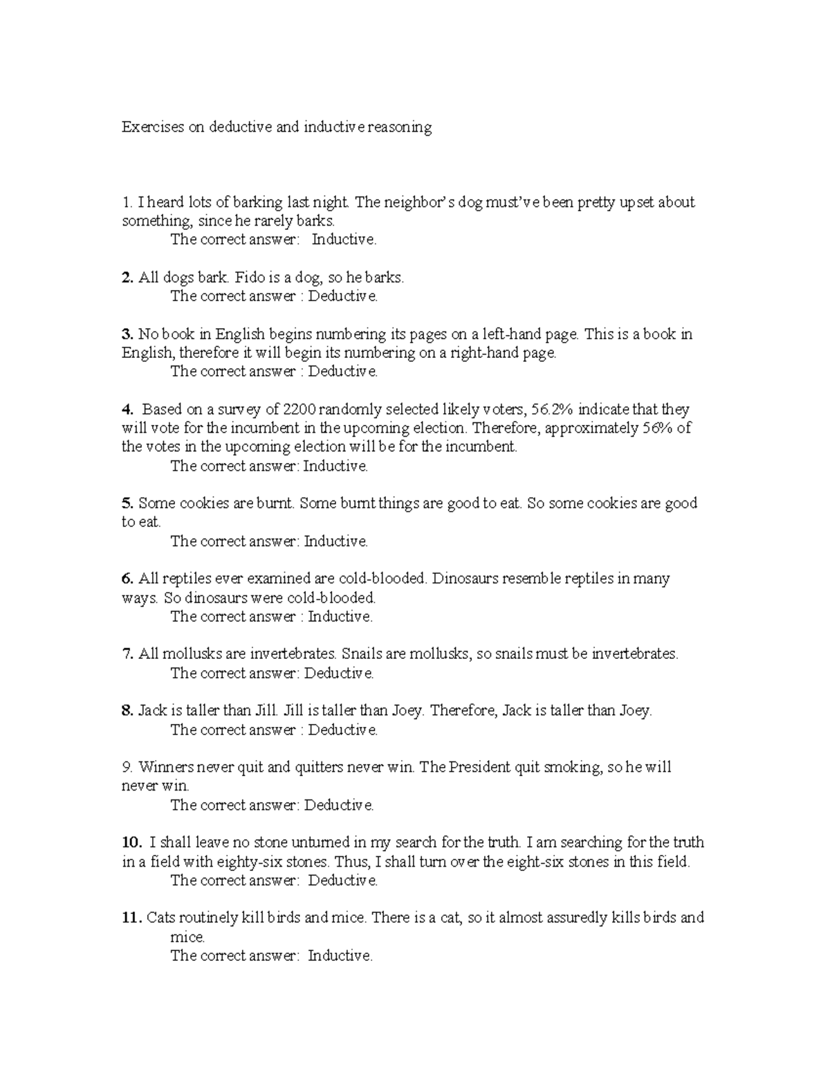 Answer Key I And D Reasoning Exercises On Deductive And Inductive Reasoning I Heard Lots Of 8193